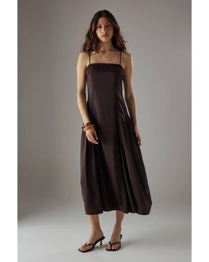 Warehouse Satin Lace Trim Detail Godet Strappy Midi Dress - Brown