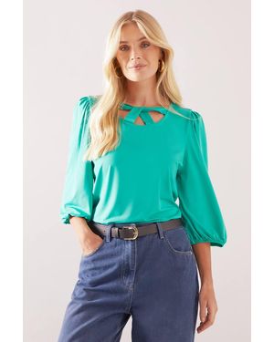 Wallis Petite Jersey Cross Neck 3/4 Sleeve Top - Green
