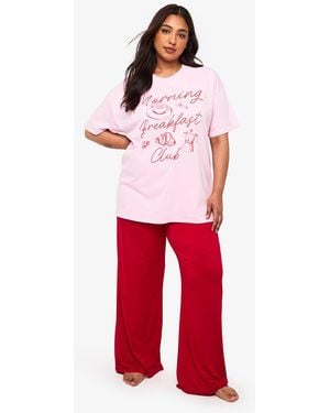 Boohoo Plus Breakfast Club Shirt & Pj Trouser Set - Red
