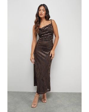 Warehouse Petite Devore Twist Cowl Neck Bias Midi Slip Dress - Brown