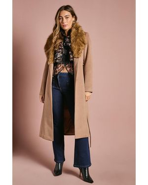 Coast Faux Fur Collar Occasion Belted Midi Coat - Natural