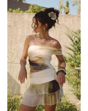 Boohoo Printed Mesh One Shoulder Drape Asym Top - Yellow