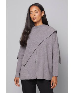 Wallis Scarf Detail Knitted Cape - Gray