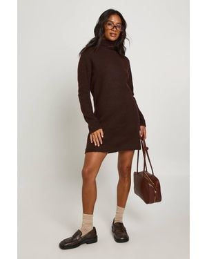 Boohoo Petite High Neck Super Soft Knitted Mini Dress - Brown