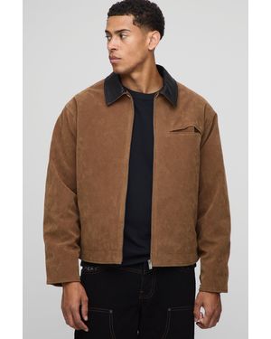 BoohooMAN Oversized Boxy Contrast Collar Faux Suede Harrington Jacket - Braun