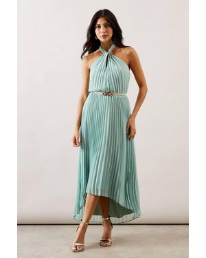 Wallis Pleated Halterneck Chiffon Midi Dress - Green