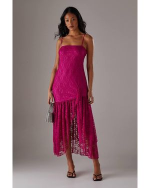 Warehouse Lace Strappy Drop Waist Ruffle Midi Dress - Pink