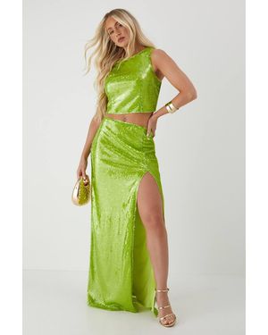 MissPap Sequin Split Leg Maxi Skirt - Green
