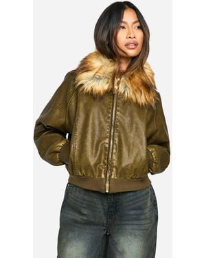Boohoo Faux Fur Collar Vintage Look Leather Bomber Jacket - Green