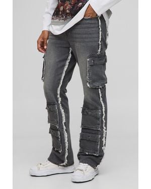 BoohooMAN Slim Flared Multi Cargo Washed Jeans - Gray