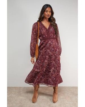 Oasis Printed Lace Dress With Tripple Tiers - Red