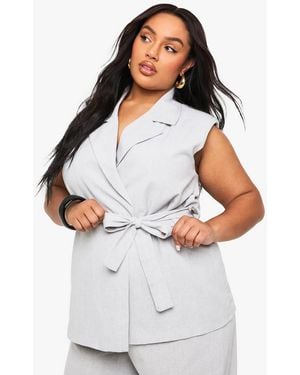 Boohoo Plus Linen Look Belted Sleevless Blazer - White