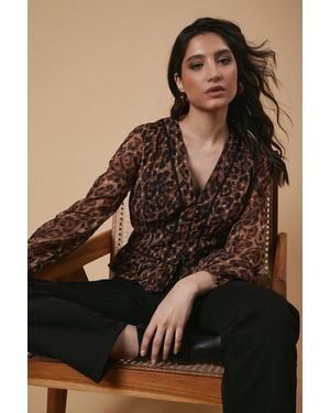 Oasis Dobby Chiffon Contrast Detail Button Through Blouse - Brown