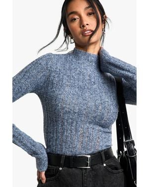 Boohoo Sheer High Neck Knitted Top - Blue