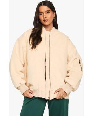 Boohoo Oversized Wool Look Bomber Jacket - Natural