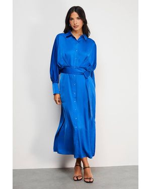 Warehouse Satin Batwing Split Side Midi Shirt Dress - Blue