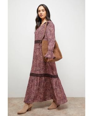 Oasis Printed Lace Detail Chiffon V Neck Midaxi Dress - Green
