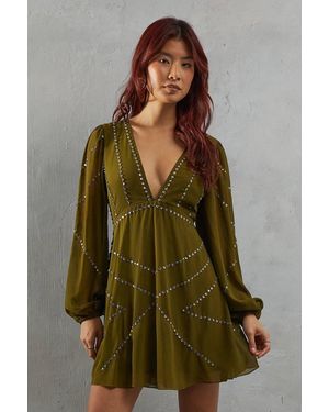 Warehouse Premium Chiffon Embellished Sequin Plunge Neck Mini Dress - Green