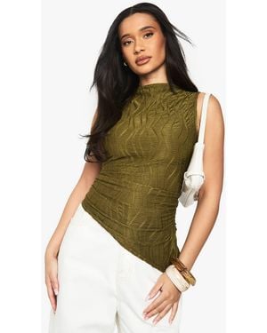 Boohoo Textured High Neck Asym Hem Top - Green
