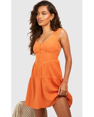 Boohoo Textured Cotton Milkmaid Dress - Orange