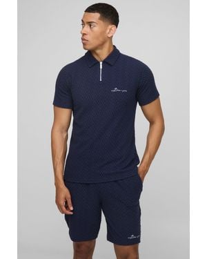Boohoo Slim Textured Zip Neck Embroidered Polo & Slim Shorts Set - Blue