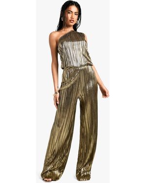 Boohoo Metallic Plisse Asymmetric Jumpsuit