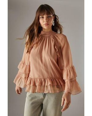 Warehouse Bow Back Ruffle Boho Top With Flared Sleeve - Brown