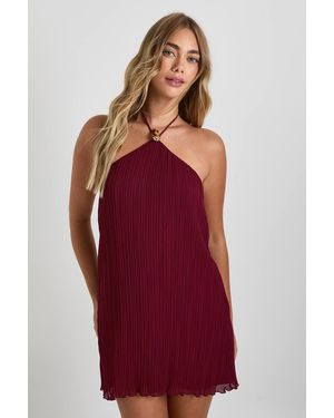 Boohoo Plisse Trim Halterneck Mini Dress - Red