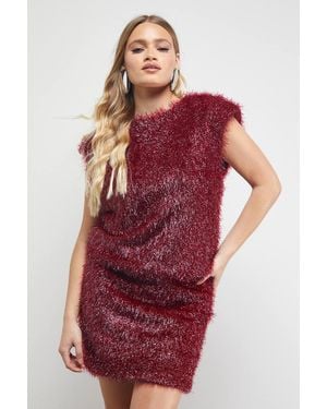 Warehouse Tinsel Fluffy Drop Waist Mini Dress - Red