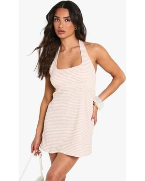 Boohoo Petite Textured Gingham Halterneck Swing Mini Dress - White