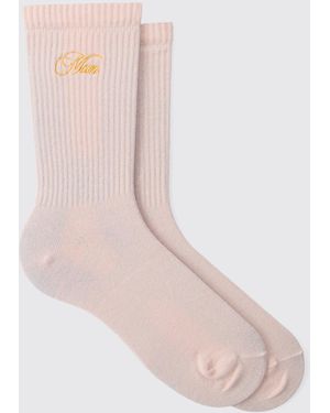 Boohoo Pink Man Embroidered Ribbed Sport Sock - Rosa