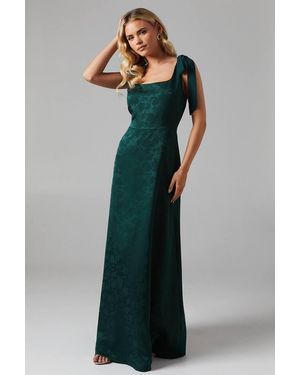 Oasis Petite Square Neck Chiffon Tie Shoulder Satin Jacquard Bridesmaid Maxi Dress - Green