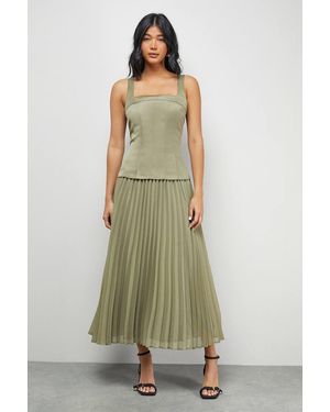 Warehouse Satin Fitted Bodice Chiffon Pleated Skirt Midi Dress - Green