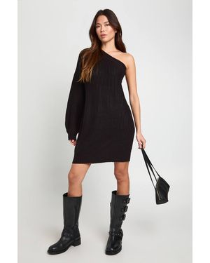 Boohoo Knitted One Shoulder Mini Dress - Black