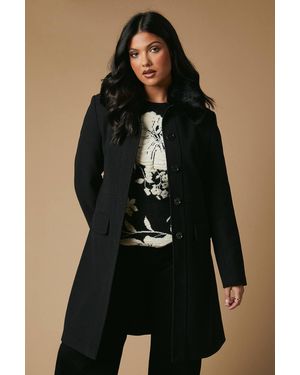 Oasis Faux Wool Button Through Dolly Coat With Fur - Blue