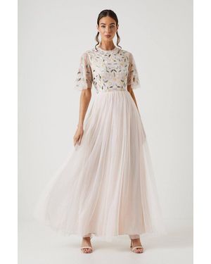 Coast Wildflower Embroidered Top Mesh Skirt Bridesmaid Dress - Natural