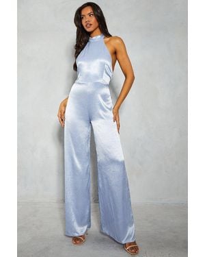 MissPap Textured Satin Halterneck Low Back Wide Leg Jumpsuit - Blue