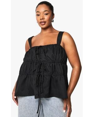 Boohoo Plus Wide Strap Tie Front Smock Top - Black