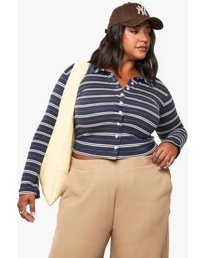 Boohoo Plus Collared Button Down Stripe Long Sleeve Top - Blue