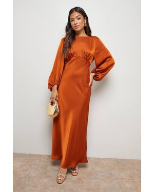 Oasis Petite Satin Boho Sleeve Crew Neck Bias Midi Dress - Orange