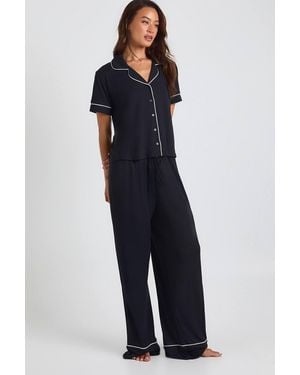 Boohoo Tall Premium Modal Piping Detail Short Sleeve Shirt & Pants Pajama Set - Blue