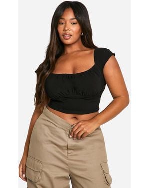 Boohoo Plus Woven Stretch Ruched Cap Sleeve Corset Top - Brown