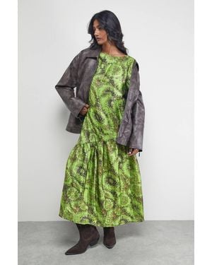Warehouse Textured Organza Asymmetric Seam Volume Sleeve Midi Dress - Green