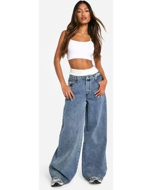Boohoo Satin Boxer Detail High Waisted Wide Leg Denim Jean - Blue