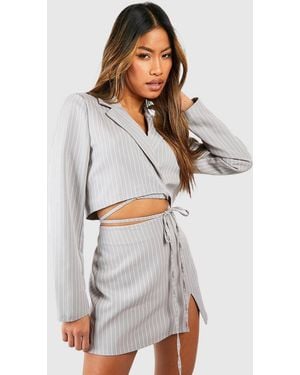 Boohoo Pinstripe Tie Waist Cropped Blazer - White