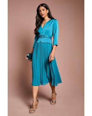 Coast Satin Bodice ¾ Sleeve Pleat Skirt Belted Midi Wedding Guest Dress - Blue