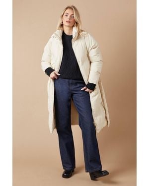 Oasis Belted Midi Padded Funnel Neck Coat - Blue