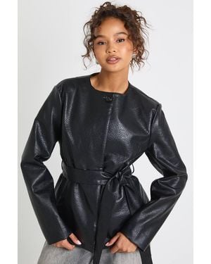 Boohoo Collarless Faux Leather Trench Jacket - Black