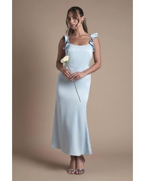 Oasis Ruffle Square Neck Satin Bridesmaid Midi Dress - Blue