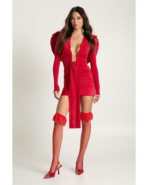 Boohoo Red Lace Top Fishnet Hold Ups - Rojo